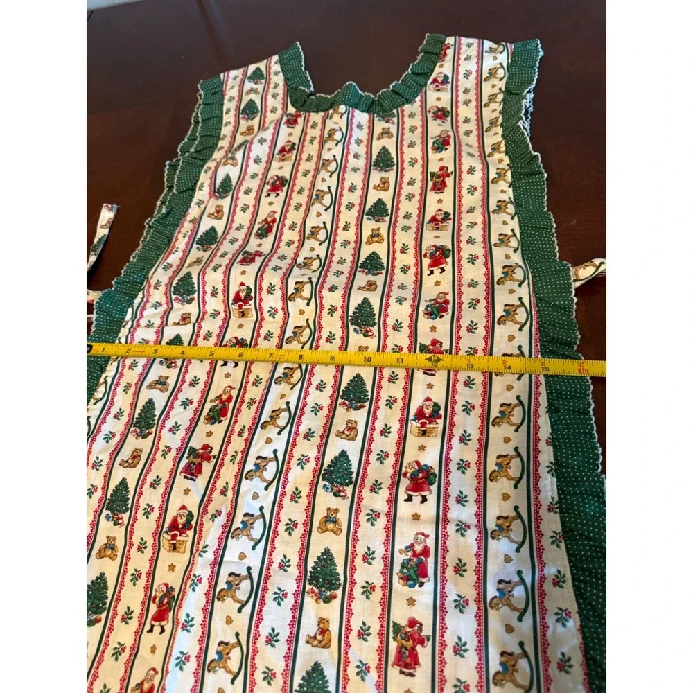 Vintage Christmas Pinafore Apron Santa Tree Teddy Bear Ruffle Green Polka Dot